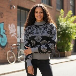 Leslie Fay Black and Gray Floral Turtleneck Sweater